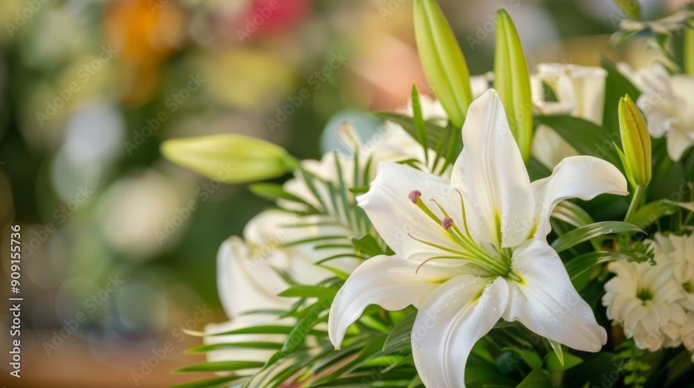 Closeup of a beautiful white lily arrangement with greenery, placed on a casket during a funeral Closeup of a beautiful white lily arrangement with greenery, placed on a casket during a funeral