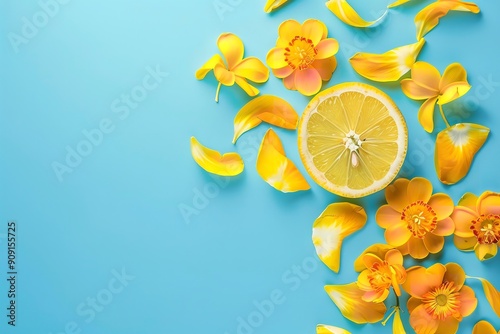 On a vivid blue background, a sun formed of lemon and yellow flower petals Fruity summertime minimalist design idea. Creative banner. Copyspace picture, Generative AI.