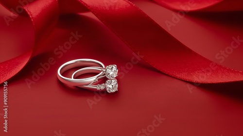 On a red backdrop, two diamond-encrusted white gold engagement rings and a heart-shaped ribbon are displayed. romantic backdrop for wedding jewels, Generative AI.