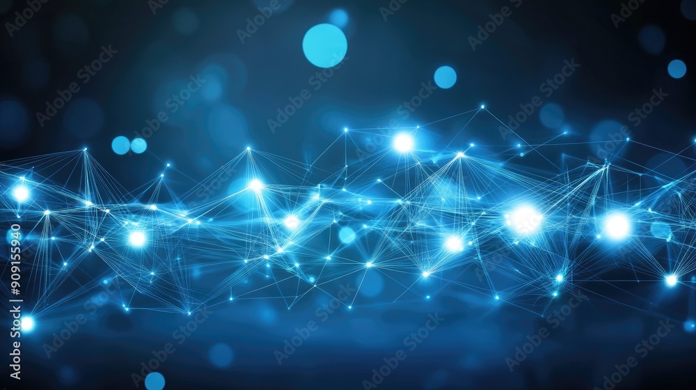 Abstract digital network with glowing nodes and lines on a dark blue background. Futuristic technology and data concept. Abstract digital network with glowing nodes and lines on a dark blue background. Futuristic technology and data concept.