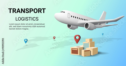 Global Logistics transportation service concept. Airplane and parcel box, Transportation, Air logistics. Airplane, warehouse. Concept of web page design for website or banner. 3D Vector. Eps 10
