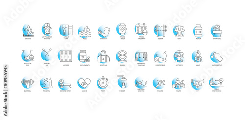 Fitness Gear and Exercise Equipment Icons: Fitness Watch, Fitness Program, Cable Row Machine, Crossover Machine, EZ Bar, Elliptical Bike, Jumping Rope and more with editable stroke.