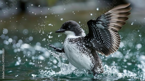Over the lake, an endangered Marbled Murrelet flaps its wings, Generative AI.