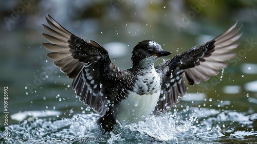 Over the lake, an endangered Marbled Murrelet flaps its wings, Generative AI.