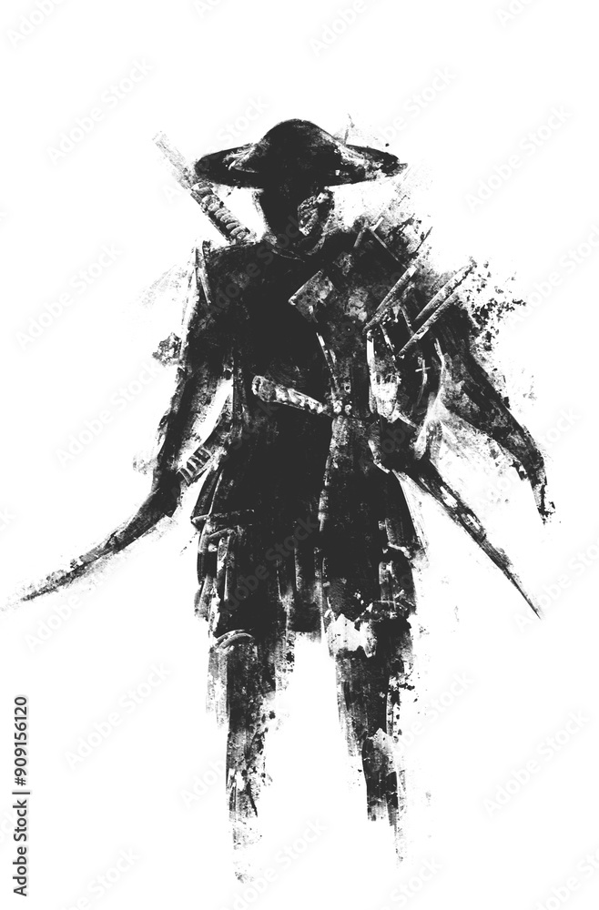 silhouette of a Japanese samurai with katana hat drawn on a transparent background silhouette of a Japanese samurai with katana hat drawn on a transparent background