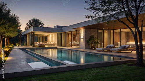 Swimming Pool with Clear Blue Water and Cushioned Loungers on One Side  night view