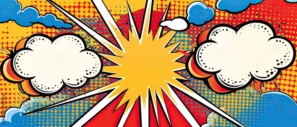 Colorful pop art illustration with comic book explosion and speech bubbles. Vibrant retro design suitable for various creative projects. Colorful pop art illustration with comic book explosion and speech bubbles. Vibrant retro design suitable for various creative projects.