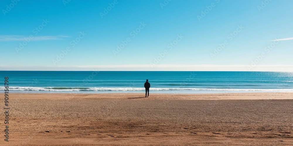 Solitude by the Sea: A solitary figure stands on a pristine sandy beach, gazing out at the vast expanse of the ocean. The horizon blends into the clear blue sky, creating a sense of tranquility and in Solitude by the Sea: A solitary figure stands on a pristine sandy beach, gazing out at the vast expanse of the ocean. The horizon blends into the clear blue sky, creating a sense of tranquility and in
