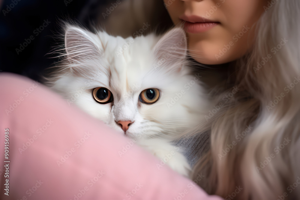 close-up of cat in the blanket hold by woman, Funny raised paw. beautiful and funny pet close-up of cat in the blanket hold by woman, Funny raised paw. beautiful and funny pet