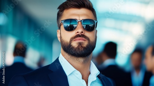 closeup of a superstar wearing trendy sunglasses, walking through an airport terminal with an entourage 