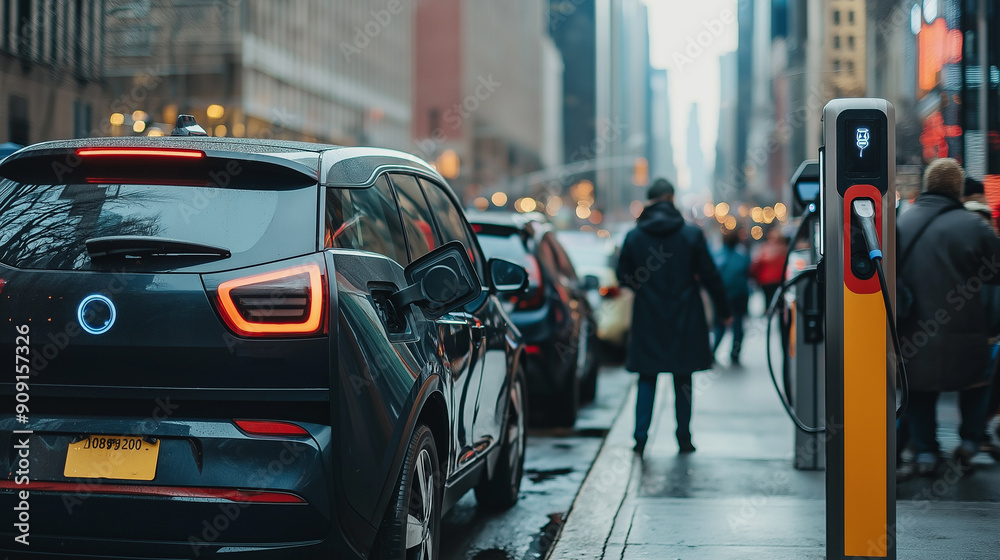 Busy Urban Street During Autumn With Electric Cars Charging at Stations. Busy Urban Street During Autumn With Electric Cars Charging at Stations.