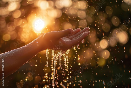 Pouring water over a hand against the backdrop of dawn light, Generative AI.