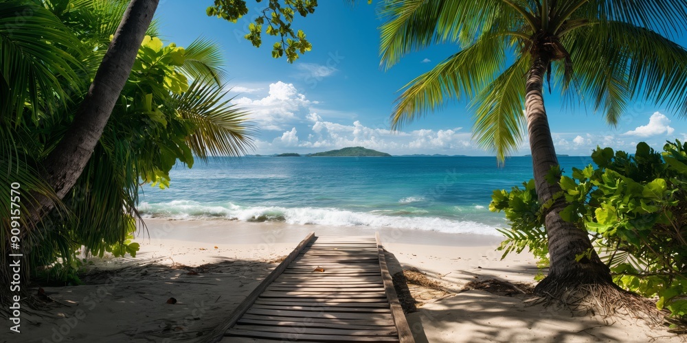 Obraz premium Tropical Paradise: A wooden walkway leads to a pristine white-sand beach, framed by lush palm trees and turquoise waters. The tranquil scene evokes a sense of escape and relaxation, inviting viewers t