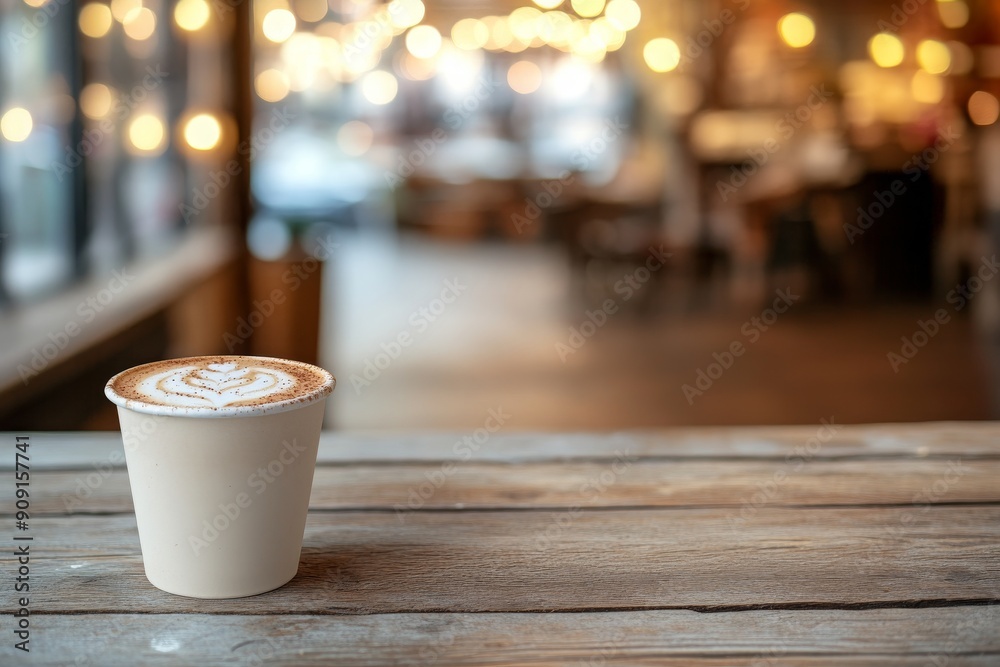 Coffee cup on wooden table with soft lights in cafe background with space for text Coffee cup on wooden table with soft lights in cafe background with space for text