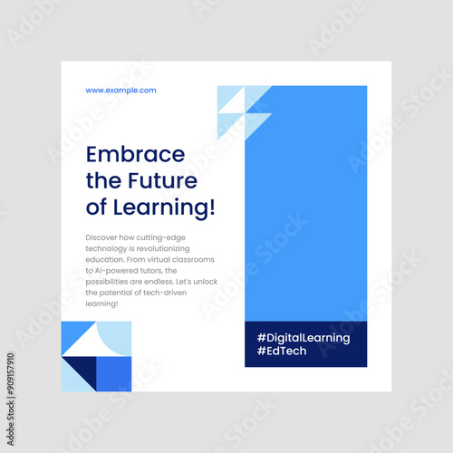 Modern educational technology promotion poster with blue geometric design and motivational text