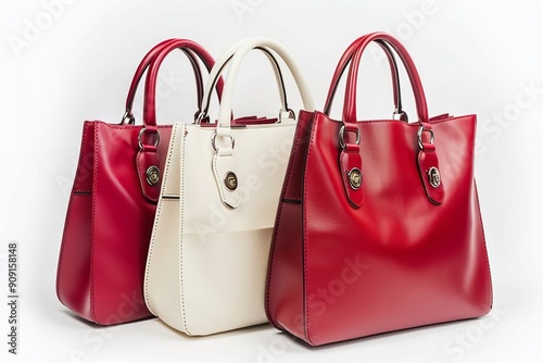 Set of chic women's handbags with red and white leather, varying styles and hues, and luxury, exquisite handbags for ladies, isolated on a translucent white background, Generative AI.