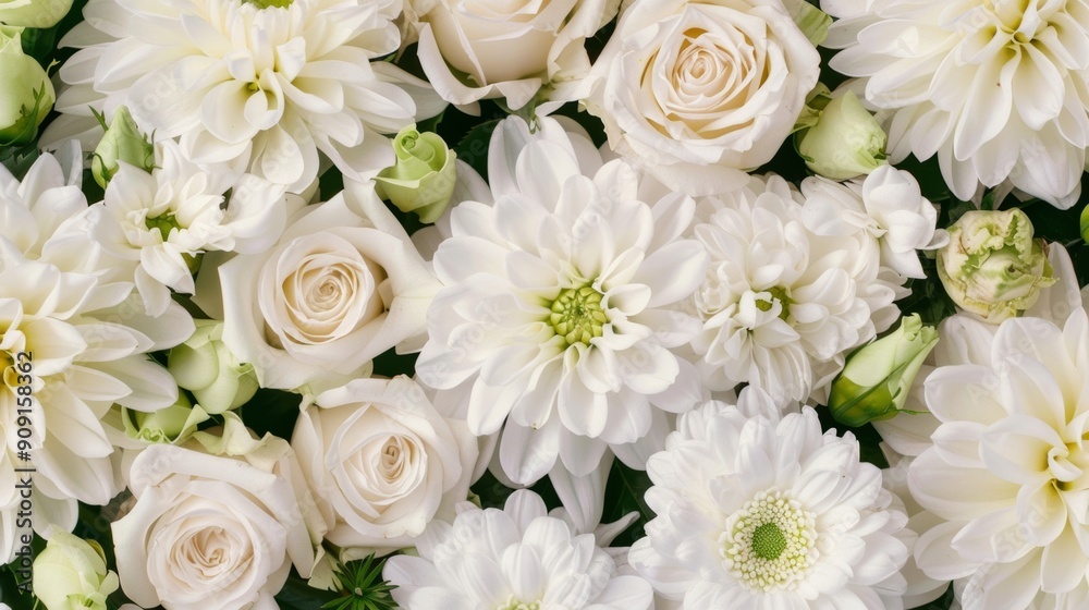 Festive scene of a table covered with sympathy cards and delicate bouquets of white roses, carnations, and chrysanthemums Festive scene of a table covered with sympathy cards and delicate bouquets of white roses, carnations, and chrysanthemums