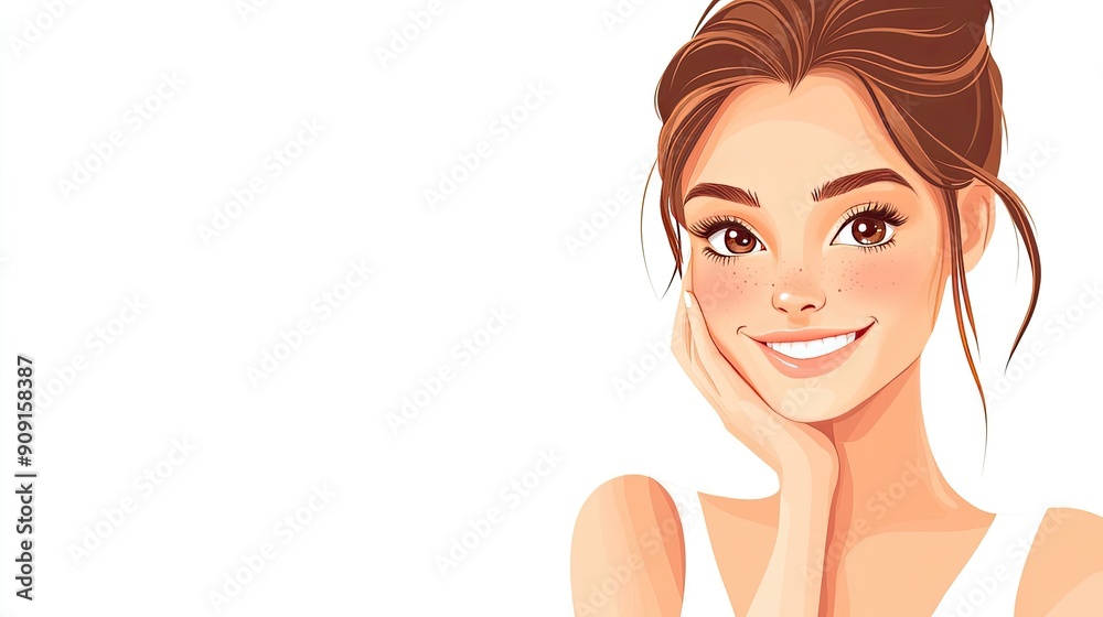 Cartoon woman smiling and holding her cheek, showcasing beautiful facial skin. White background with space for advertisements. Cartoon woman smiling and holding her cheek, showcasing beautiful facial skin. White background with space for advertisements.
