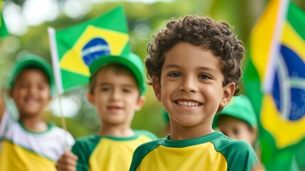 Festive scene of children waving small Brazilian flags and wearing green and yellow outfits during an Independence Day parade 