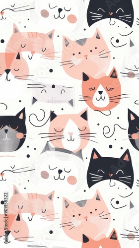 A vibrant design showcasing playful cat illustrations with different expressions and colors on a soft background