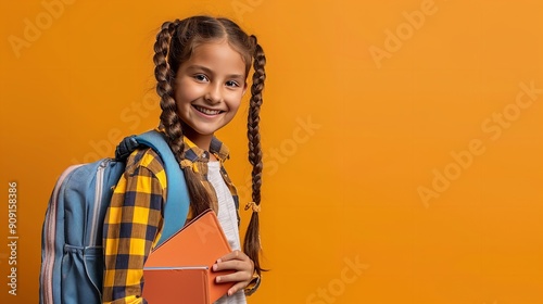 Smiling girl back to school with books and a yellow-colored knapsack, Generative AI.