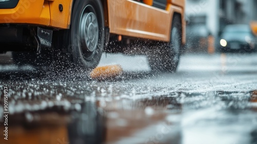 A street sweeper vehicle actively cleaning a wet pavement during rainfall in a city setting, capturing the removal of water and debris, ensuring clean streets.