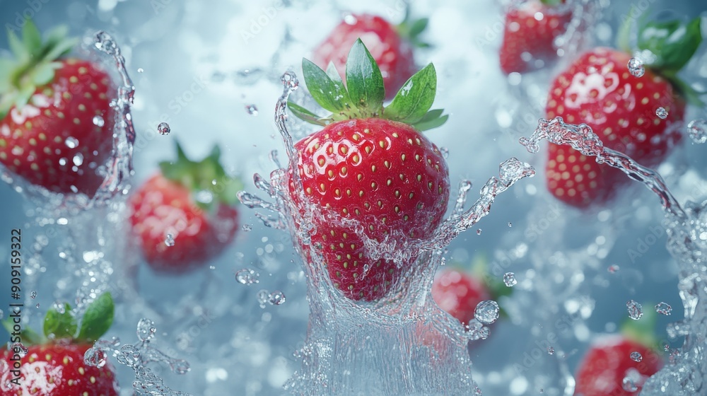 A Strawberry Sinking into Water with a Splash A Strawberry Sinking into Water with a Splash