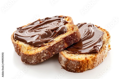 testy toasted bread with rich chocolate nut butter, set apart against a white backdrop, Generative AI.