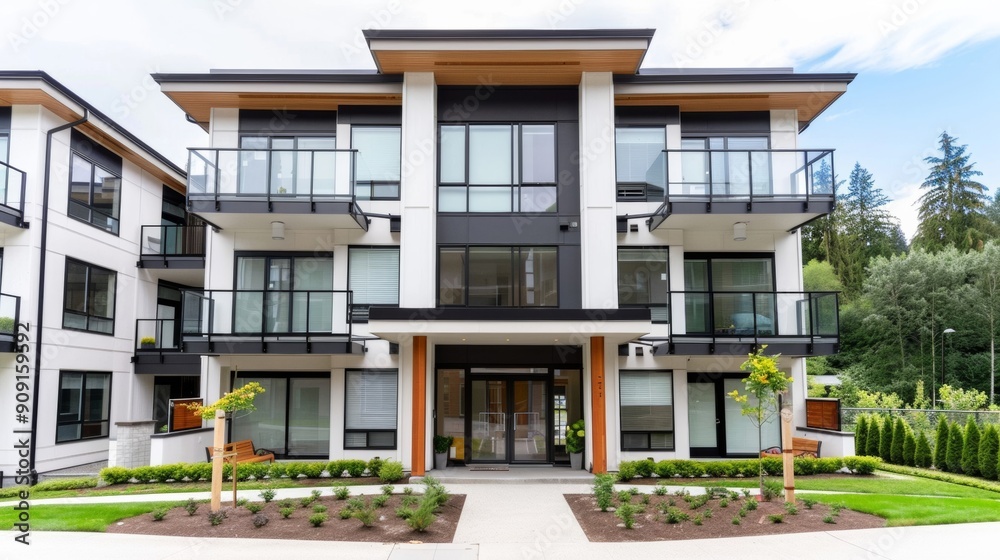 Modern apartment building exterior, with balconies, large windows, and a well-maintained entrance, under a bright sky Modern apartment building exterior, with balconies, large windows, and a well-maintained entrance, under a bright sky