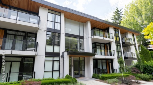 Modern apartment building exterior  with balconies  large windows  and a well-maintained entrance  under a bright sky 