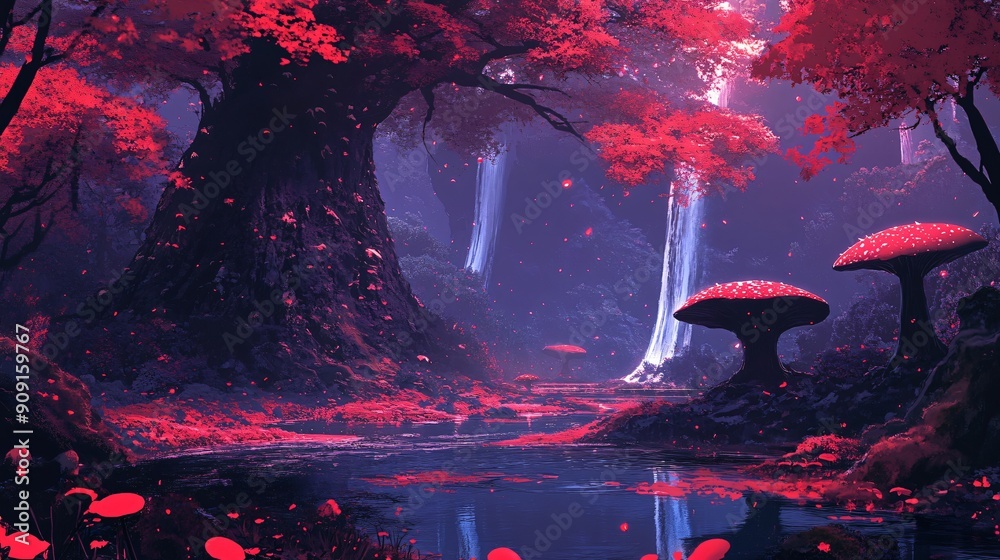 Mystical enchanted forest with giant mushrooms glowing plants a magical ...