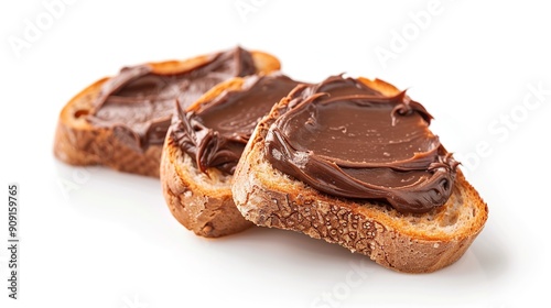 testy toasted bread with rich chocolate nut butter, set apart against a white backdrop, Generative AI.