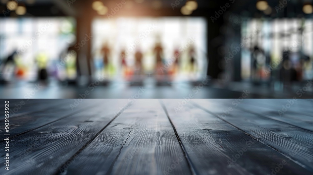 Dark Wooden Tabletop with Blurred Gym Background Dark Wooden Tabletop with Blurred Gym Background