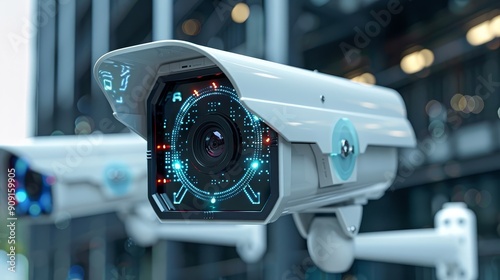 Close-up of a modern security camera with futuristic interface technology in an urban setting, ensuring safety and surveillance.