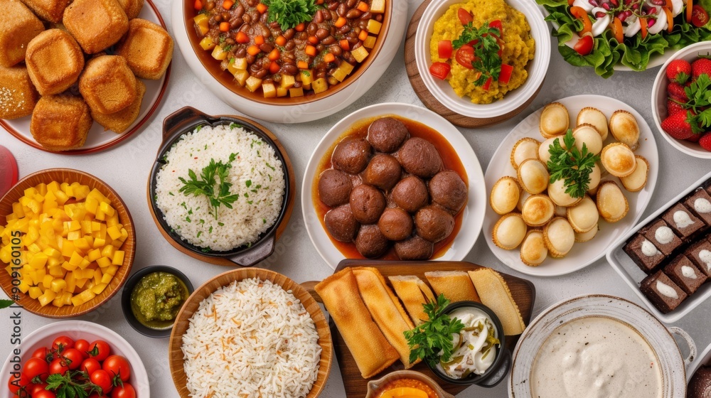 Overhead shot of a festive table with traditional Brazilian foods, including feijoada and brigadeiros, decorated for Independence Day Overhead shot of a festive table with traditional Brazilian foods, including feijoada and brigadeiros, decorated for Independence Day