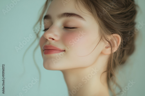 A close up of a girl's face with her eyes closed
