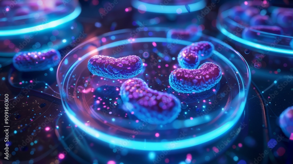 Close-up of glowing bacteria in a petri dish. Vivid colors and abstract background create a futuristic depiction of microbiology. Close-up of glowing bacteria in a petri dish. Vivid colors and abstract background create a futuristic depiction of microbiology.