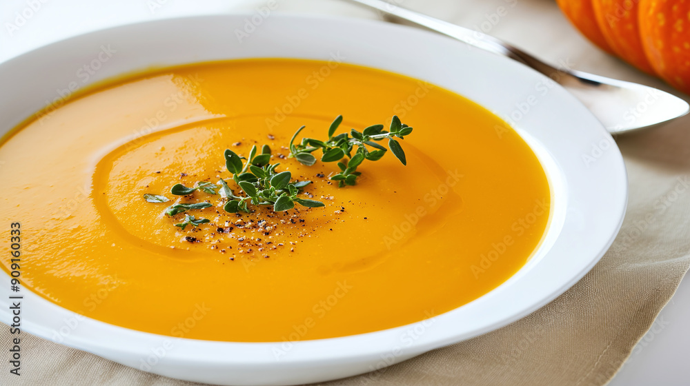 pumpkin soup garnished with a sprinkle of nutmeg and fresh herbs pumpkin soup garnished with a sprinkle of nutmeg and fresh herbs