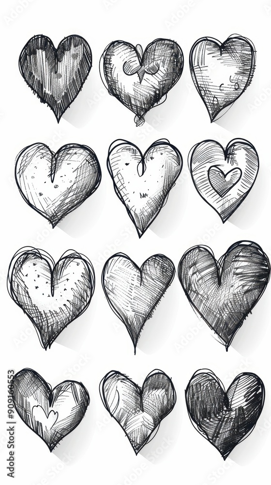 A collection of hand-drawn heart illustrations featuring diverse shapes and shading techniques A collection of hand-drawn heart illustrations featuring diverse shapes and shading techniques