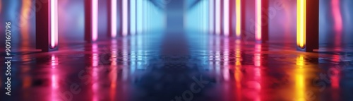 Colorful neon lights reflecting on a glossy floor in a futuristic hallway  creating a vibrant and modern atmosphere.