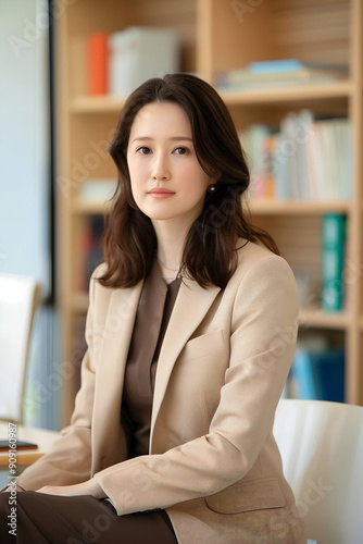 Free Download Professional Portrait of a Confident Businesswoman in a Beige Suit in an Office Setting - GFXLoad