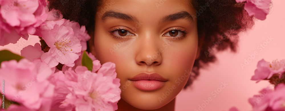 Close-up portrait of a woman with pink flowers, set against a matching pink background, embodying beauty and femininity Close-up portrait of a woman with pink flowers, set against a matching pink background, embodying beauty and femininity