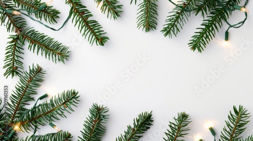 Sparkling Christmas lights tangled among green pine branches isolated on a white background 