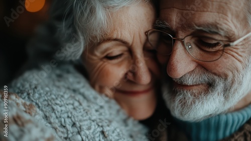 An elderly couple absently smiles as they share an intimate and tender moment, representing the enduring love and connection built over a lifetime together.