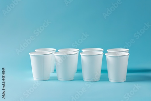White plastic single-use cups with a blue backdrop, Generative AI.
