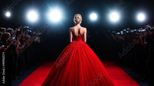 superstar posing on the red carpet, dressed in a glamorous gown, surrounded by paparazzi and flashing cameras  photo