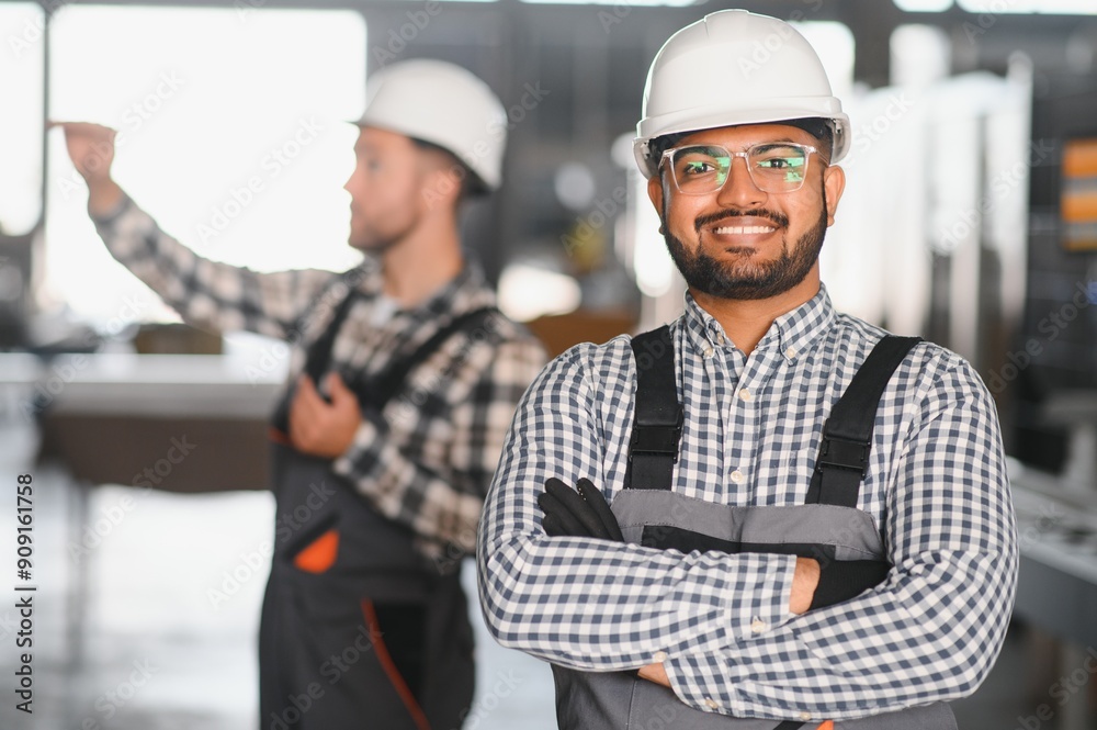 Two engineer worker working together with safety uniform and white helmet to work in industry factory Two engineer worker working together with safety uniform and white helmet to work in industry factory