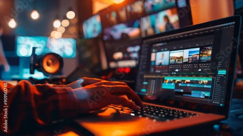 A person is typing on a laptop computer with a screen displaying a video editing program. Scene is focused and professional