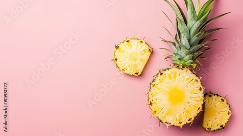 With a pastel background, pineapple With copy space image, pineapple slice cut. Location for inserting graphics or text, Generative AI.
