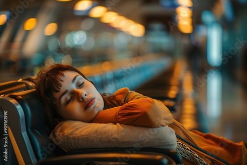 woman napping and unwinding in the transit lounge at the airport terminal while she waits for her journey, Generative AI.